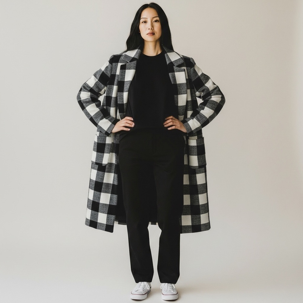 Revamped - Black/White Buffalo Plaid Long Coat - XS